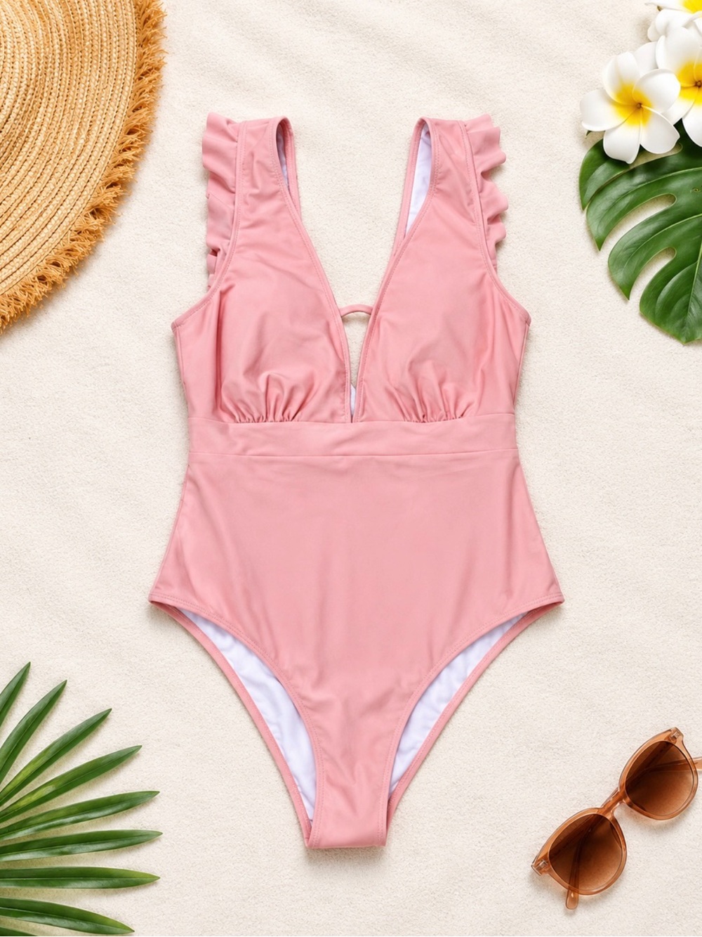 Cupshe Blush Pink Ruffle One Piece Swimsuit Plunge Neck NWT